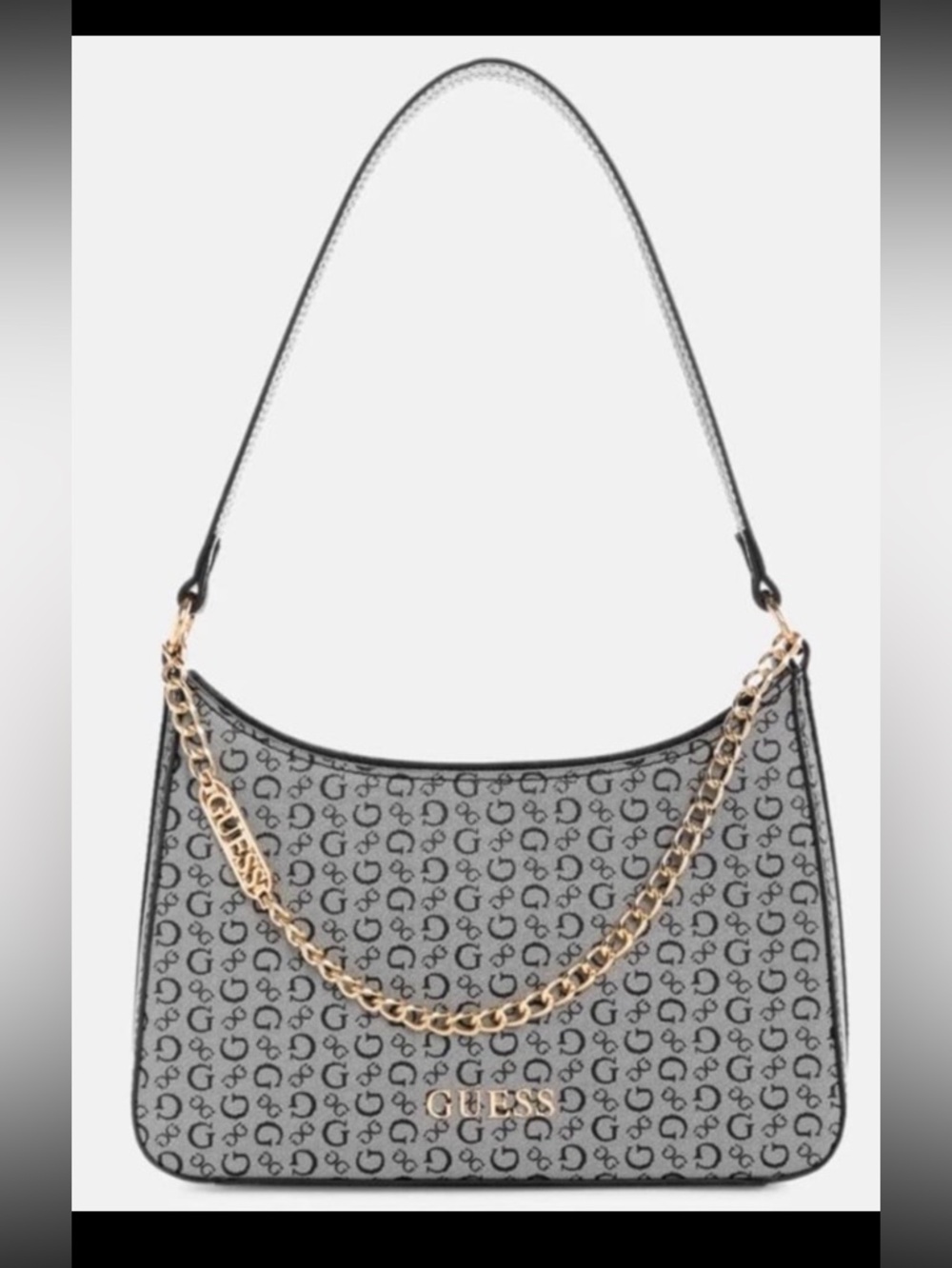 Guess Logo Baguette Shoulder Bag Black Gray Monogram Gold Chain